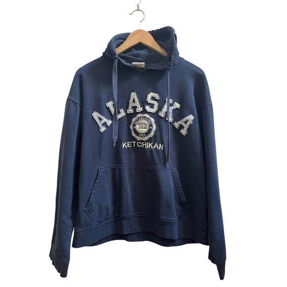 Alaska Appliqué Ketchikan Embroidered Navy Blue Pullover Hoodie Sweater Medium - Picture 1 of 10